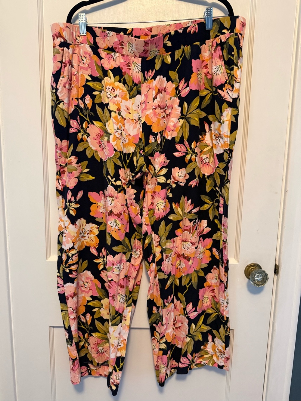 LOFT Black Wide-Leg Pants with Pink & Peach Floral Print